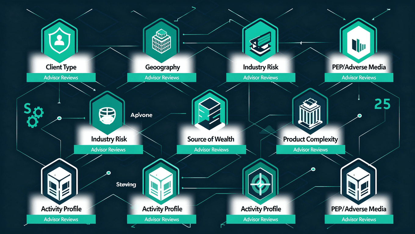 Seven risk dimension cards showing advisor review checkpoints